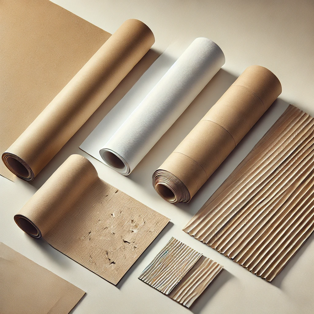 DALL·E 2025-01-31 19.57.26 - A high-quality digital illustration showcasing different types of paper used for carton production. The image features four distinct paper types arran