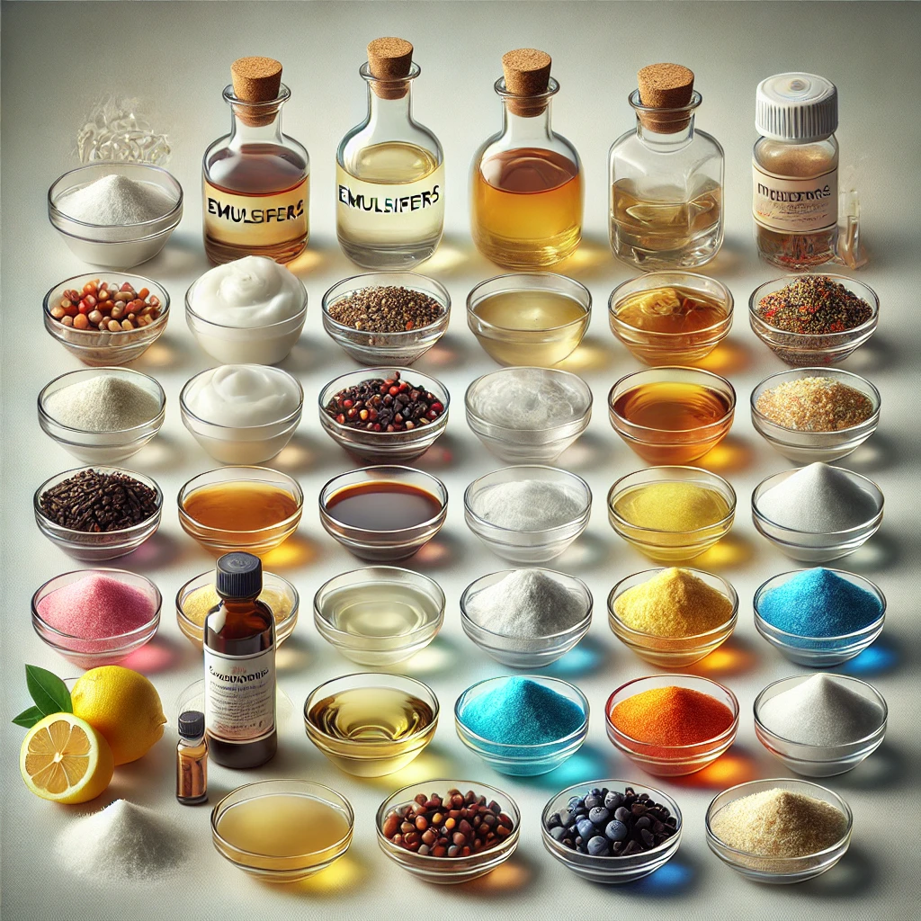 DALL·E 2025-01-31 20.13.13 - A high-quality digital illustration displaying various food ingredients in small glass bowls, each representing a different category__1. Emulsifiers –